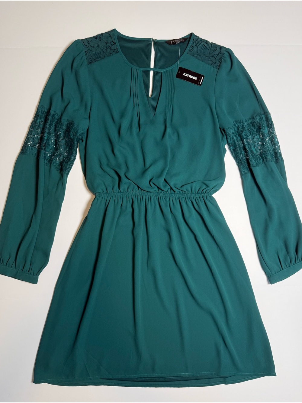 Express Emerald Green Floral Lace Keyhole Long Sleeve Mini Dress XS NWT